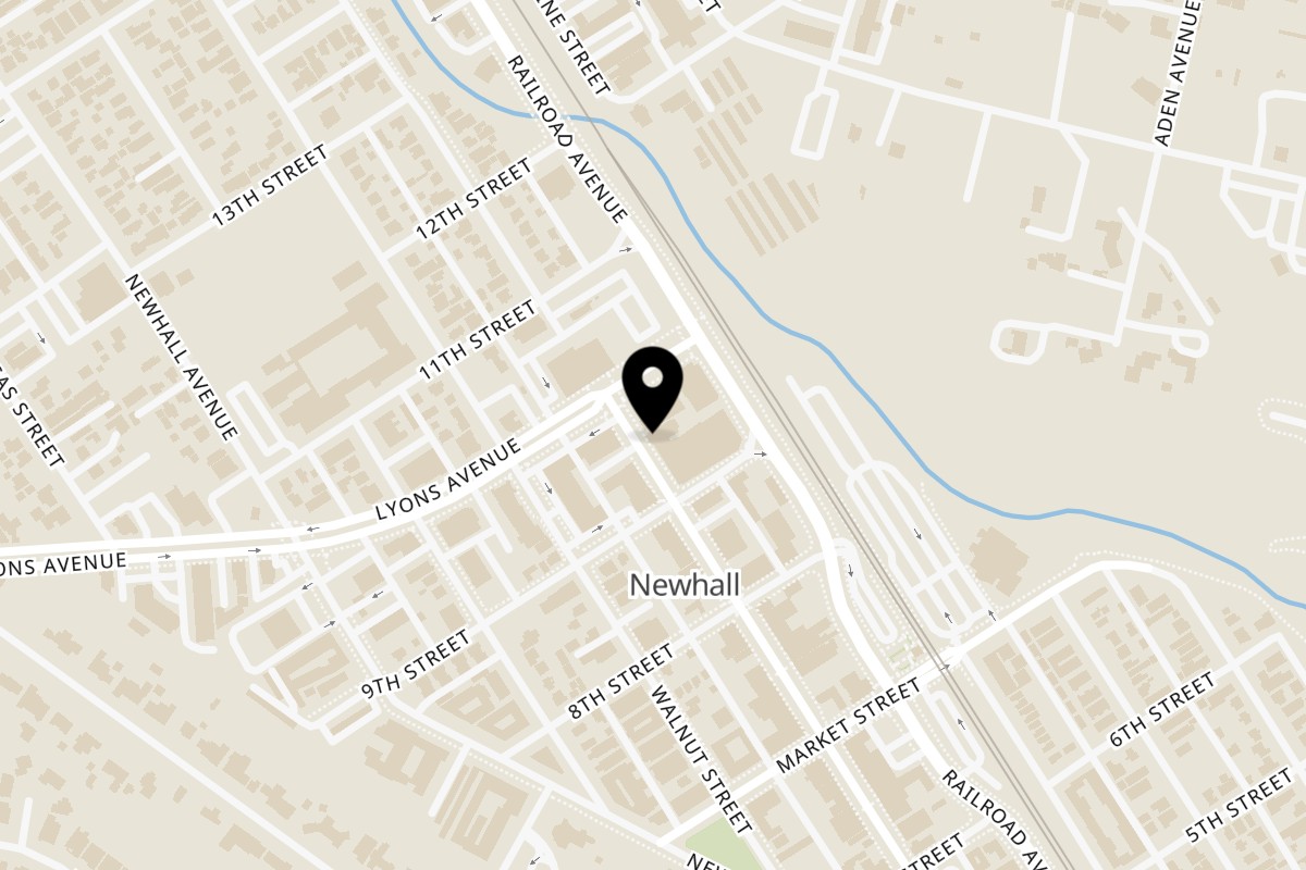 Map showing the location of Society Pizza Lounge on 24450 Main St #150 in Newhall